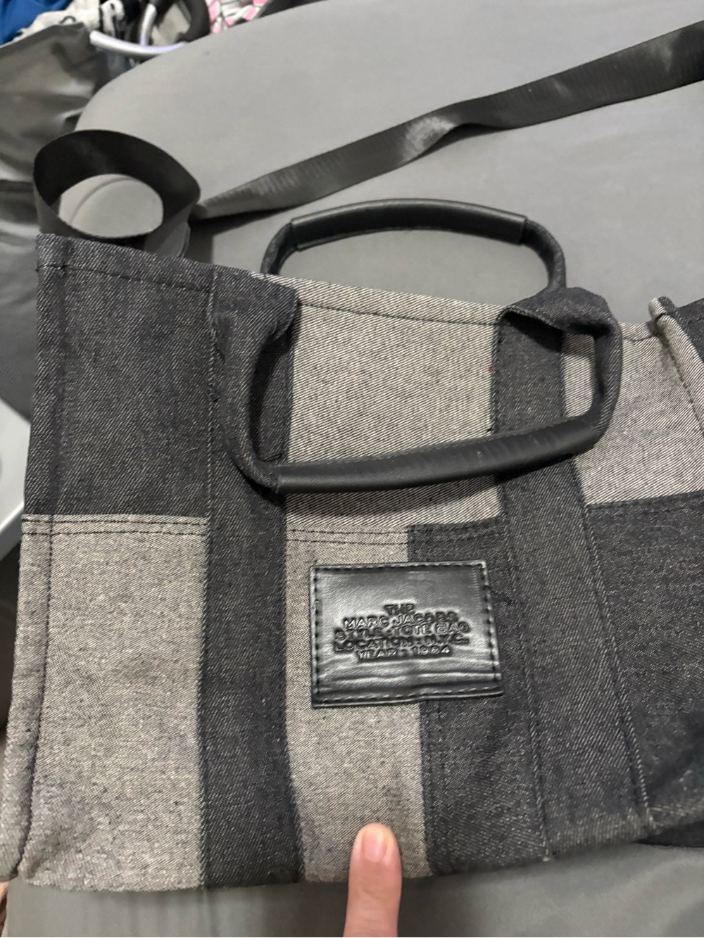 Black and Gray Denim Tote Bag with Top Handles